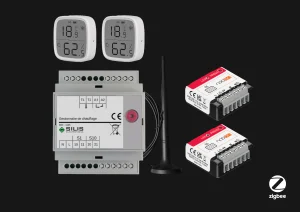 Photo du Pack Pack radio ZigBee pour commande de chauffage à distance sans box internet avec son antenne GSM sur fond noir